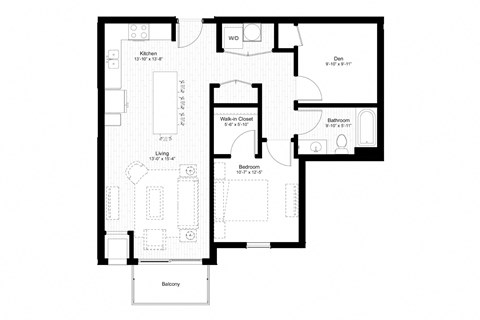 Floor plan for 1 bed, 1 bath, 894 sqft